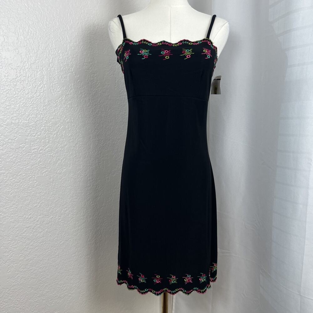 VTG City Studio Mini Dress Womens‎ Medium Black Floral Slip Stretch Y2K Coquette